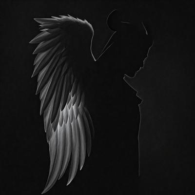 The primary subject of the image is a person, possibly a man, with wings. The wings are large and prominent, covering a significant portion of the person's body. The setting is a dark background, which contrasts with the wings and the person's figure. The visual style appears to be a combination of digital art and illustration, creating a unique and intriguing image. The colors and mood of the image are predominantly dark, with the wings and the person's figure being the main focus, evoking a